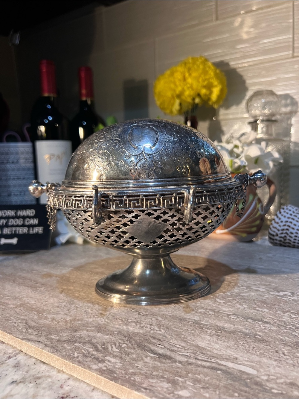 Vintage Silver-Tone Decorative Compote or Butter Pat Bowl w Roll top Lid EUC